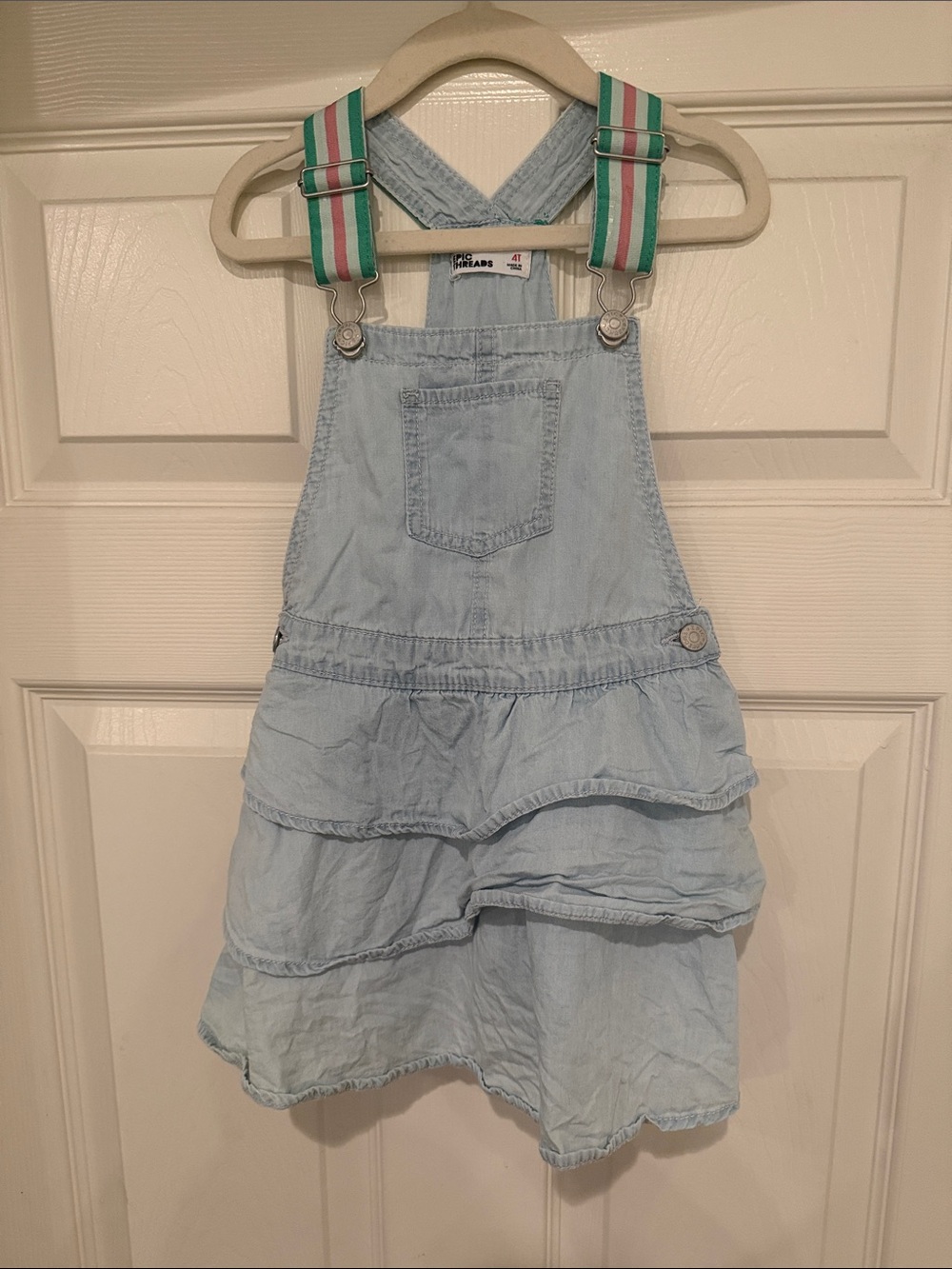 Epic Threads Light Blue Denim Overall Skirt with Green and Pink Striped Straps
